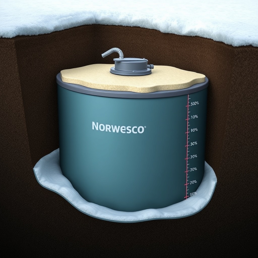 A photorealistic cross-section view of a Norwesco 1000 gallon septic tank buried in frozen