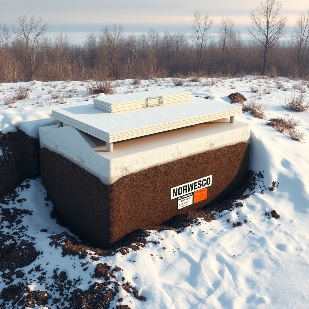 A photorealistic cross-section showing a Norwesco 1000 gallon tank buried in winter landsc