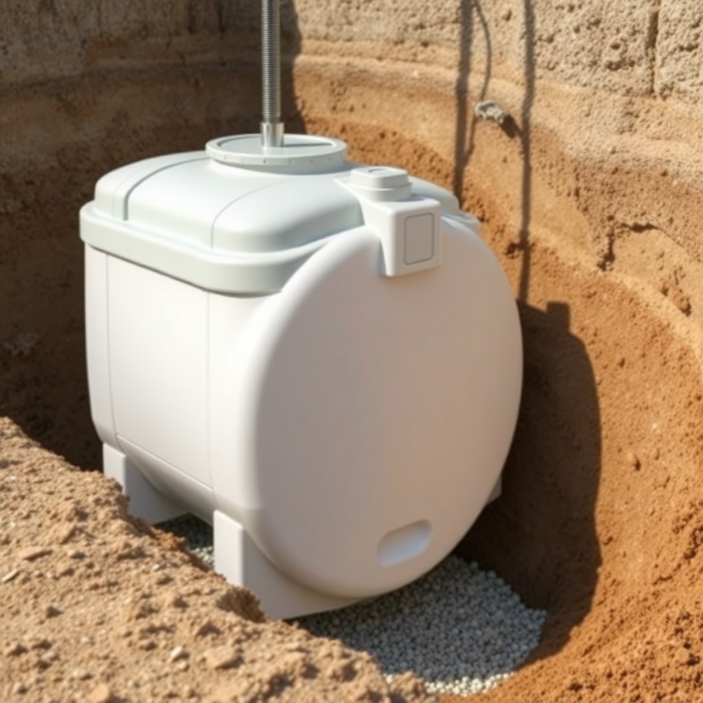 <clean photorealistic photo of a polyethylene septic tank being lowered into an excavated