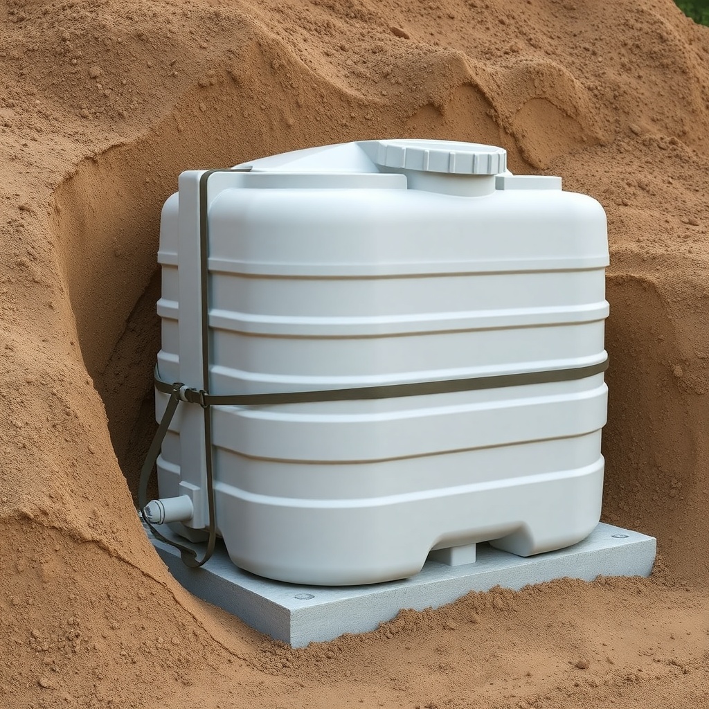 <clean photorealistic photo showing a polyethylene septic tank with anchor straps secured