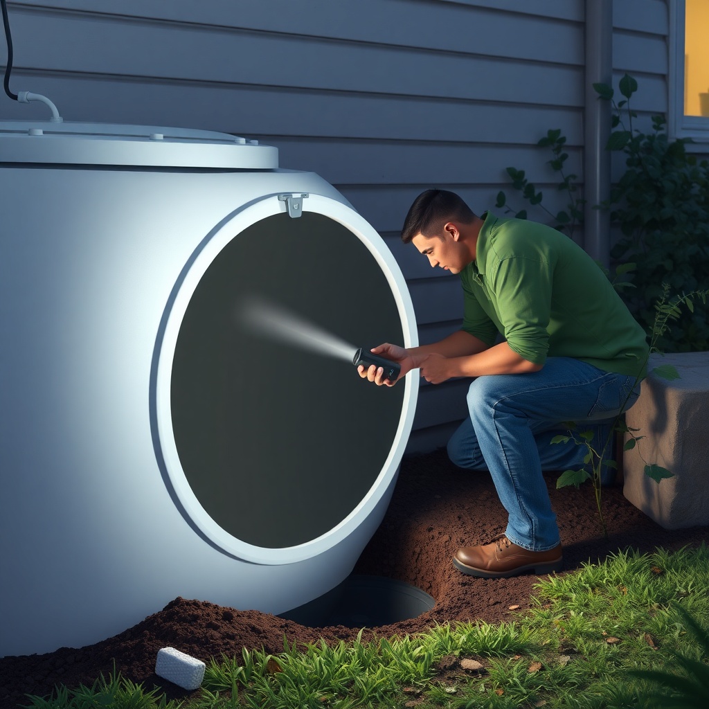 <clean photorealistic photo/illustration of a homeowner inspecting a polyethylene septic t