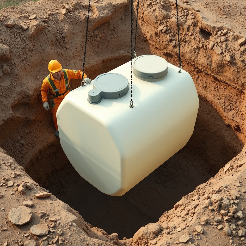 <clean photorealistic photo/illustration of a lightweight polyethylene septic tank being l