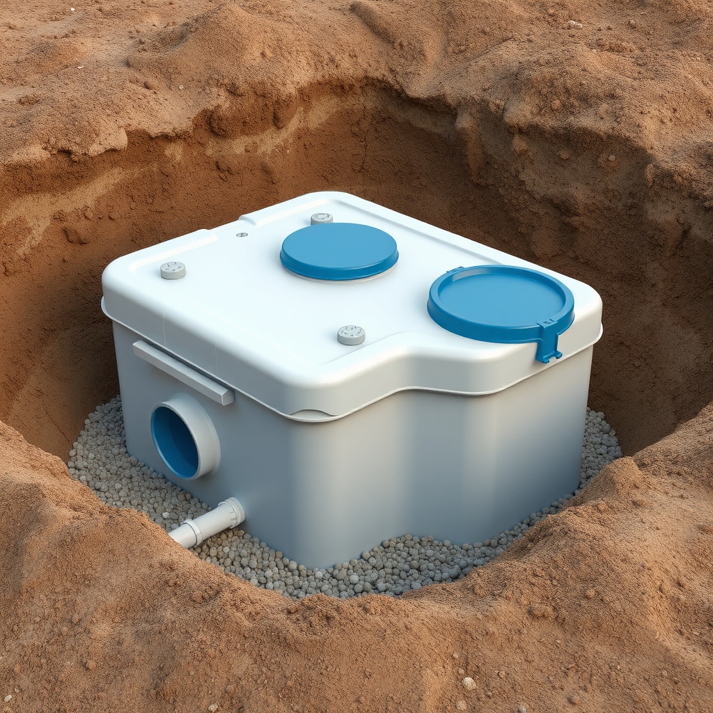 <clean photorealistic photo/illustration of a finished polyethylene septic tank in an exca