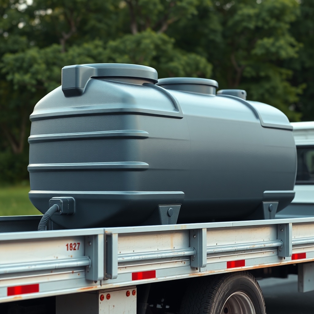 A clean photorealistic photo of a dark gray polyethylene septic tank sitting on a flatbed