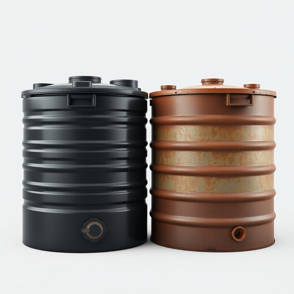 A clean photorealistic photo of two septic tanks side-by-side: one shiny black polyethylen