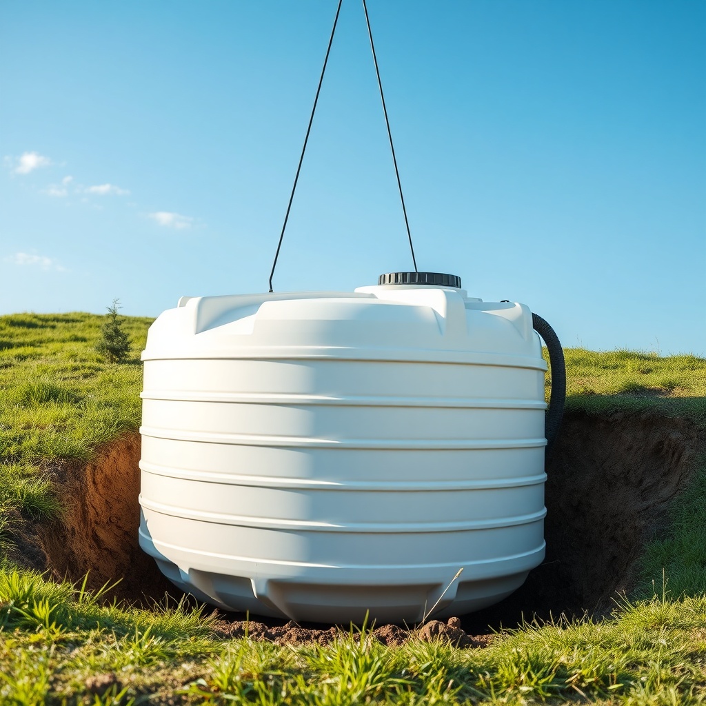 <A clean photorealistic photo of a polyethylene septic tank being lowered into an excavate