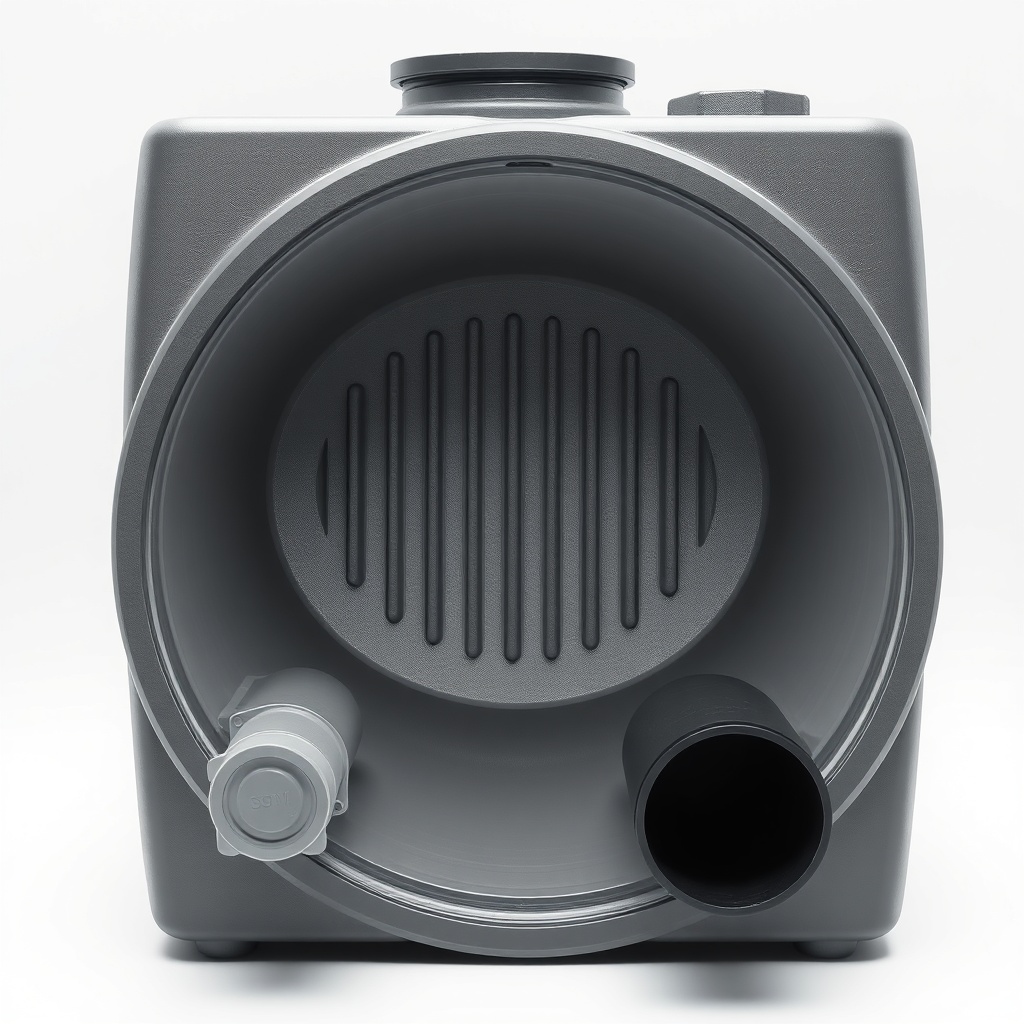 <A clean photorealistic photo of a cross-section of a polyethylene septic tank showing the
