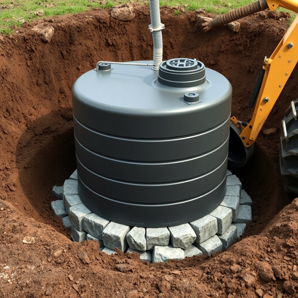<clean photorealistic photo of a polyethylene septic tank being lowered into an excavated